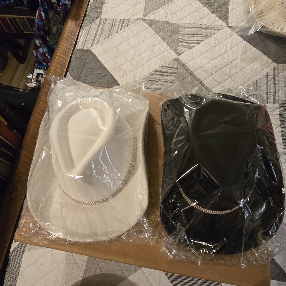 White and Black Cowboy Hats with Chain Detail